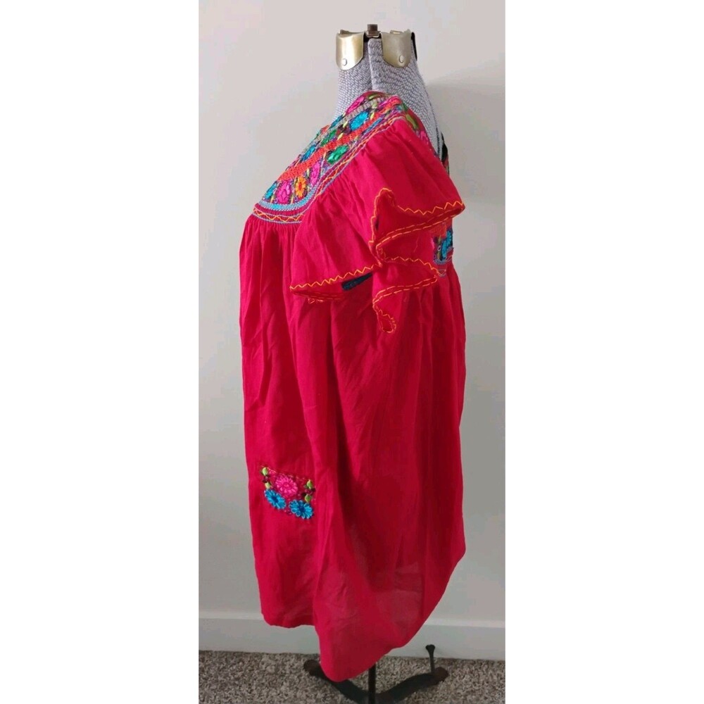 Red Embroidered Dress Women's Boho Peasant Oaxaca Huipil Floral Mini Sz S - Picture 5 of 9